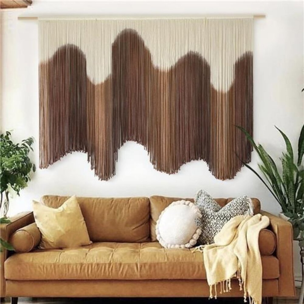 NEW Anthro XL Boho Tapestry Wavy Brown Macrame Woven Dyed Yarn Wall Hanging 58" - Picture 5 of 11